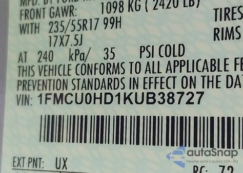 2019 Ford Escape Sel z USA, uszkodzony, nr VIN 1FMCU0HD1KUB38727